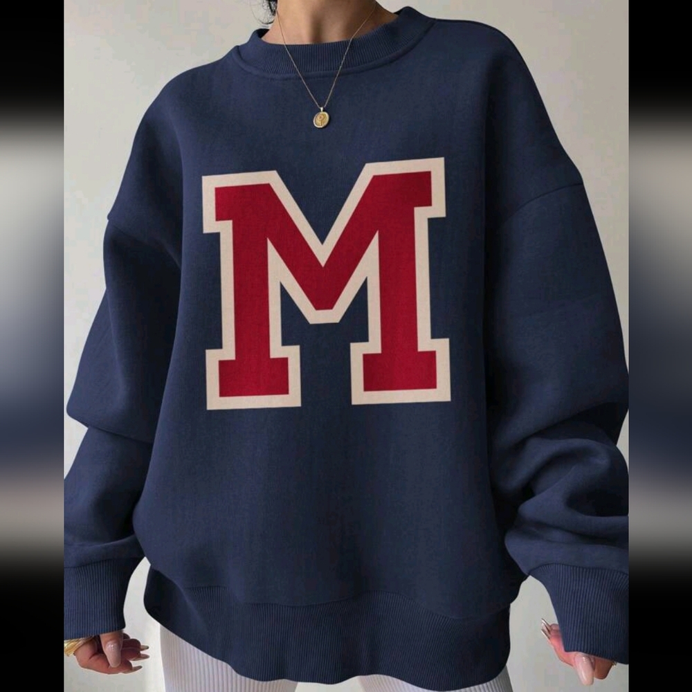 Women Contrast Color Letter Print Crew Neck Sweatshirt - Picture 3 of 4